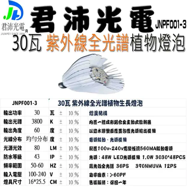 【JIUNPEY 君沛】30W 紫外線UV全光譜 E27植物燈泡(植物生長燈)