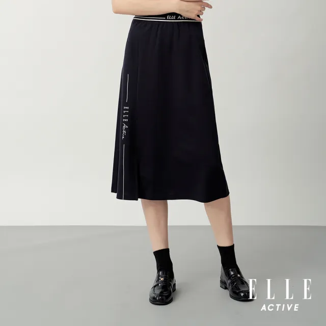 【ELLE ACTIVE】女款 彈性腰頭Logo腰頭A字中長裙-深藍色(EA26S4W2201-39)