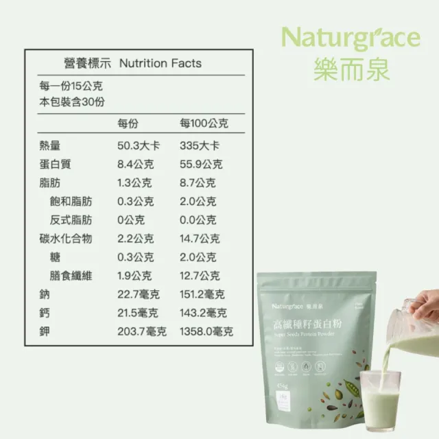 【Naturgrace 樂而泉】高纖種籽蛋白粉 蛋白粉 南瓜籽 葵花籽 亞麻籽 豌豆蛋白 均衡營養代餐 454g/袋雙11