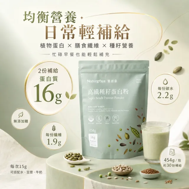【Naturgrace 樂而泉】高纖種籽蛋白粉 蛋白粉 南瓜籽 葵花籽 亞麻籽 豌豆蛋白 均衡營養代餐 454g/袋雙11