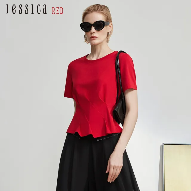 【Jessica Red】修身素色圓領荷葉邊棉質短袖上衣（紅）R63602