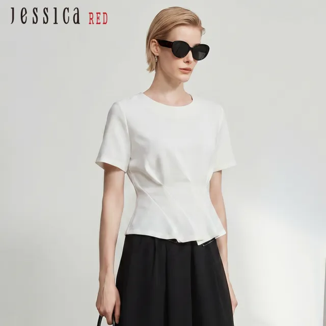 【Jessica Red】修身素色圓領荷葉邊棉質短袖上衣（白）R63602