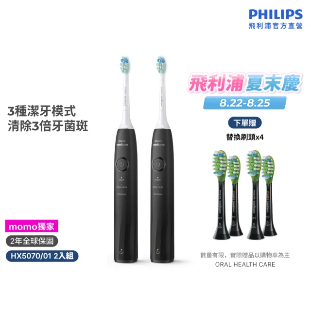 【Philips 飛利浦】momo獨家 HX5070/01雙入組 Sonicare 5系列音波牙刷-黑色 (2026新品/壓力感應/官方直營)