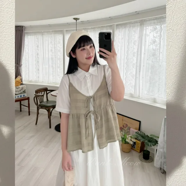 【Want-Meow】90公斤可穿/日系寶貝獨家好版型尼龍寬鬆襯衫短袖上衣(大碼上衣/大碼/大尺碼/短袖上衣)
