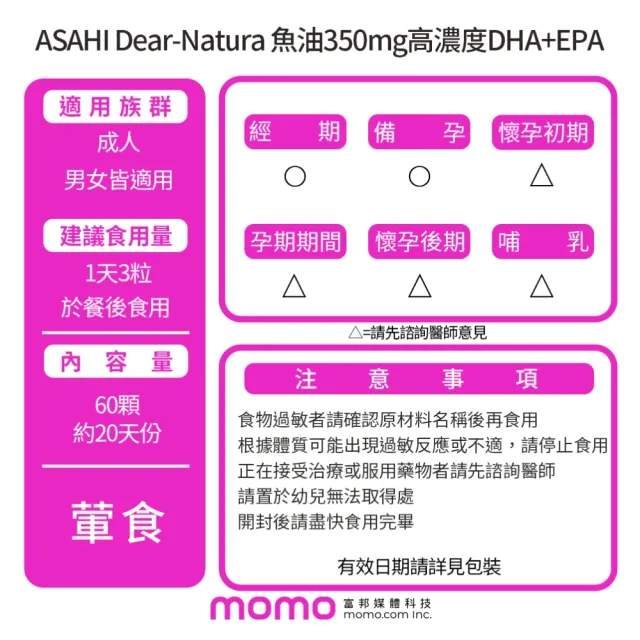 【ASAHI 朝日】Dear-Natura Omega-3魚油 DHA+EPA 60顆日本進口 活力補給