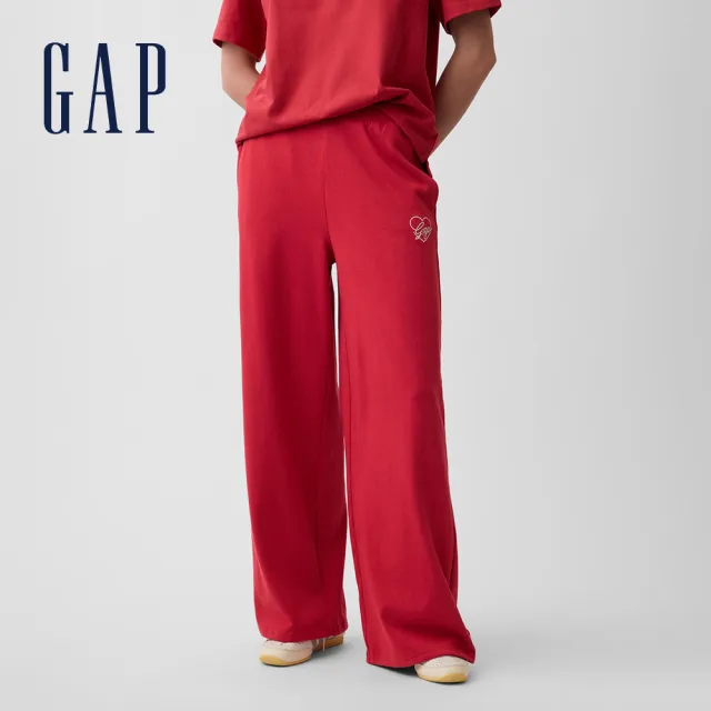 【GAP】法式毛圈布愛心 LOGO 寬鬆運動褲-深紅色(897958)