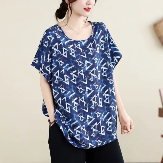 【AKARA】冰絲涼感紗靛藍五分袖T恤上衣 大尺碼 L-3XL