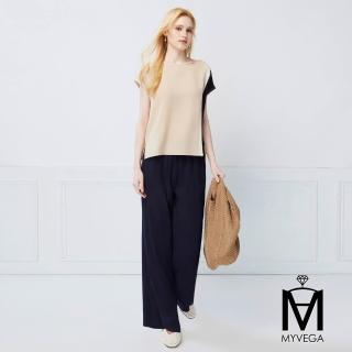 【MYVEGA 麥雪爾】MA亞麻親膚抽繩鬆緊腰寬褲-深藍(女寬褲/括腿褲/涼感褲)