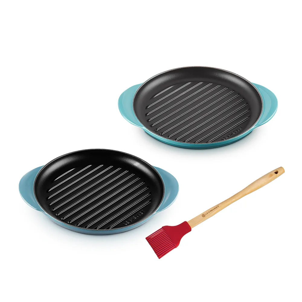 【Le Creuset】琺瑯鑄鐵雙耳圓鐵烤盤25cm 土耳其藍/水手藍 2色選1(贈 B油刷-櫻桃紅)