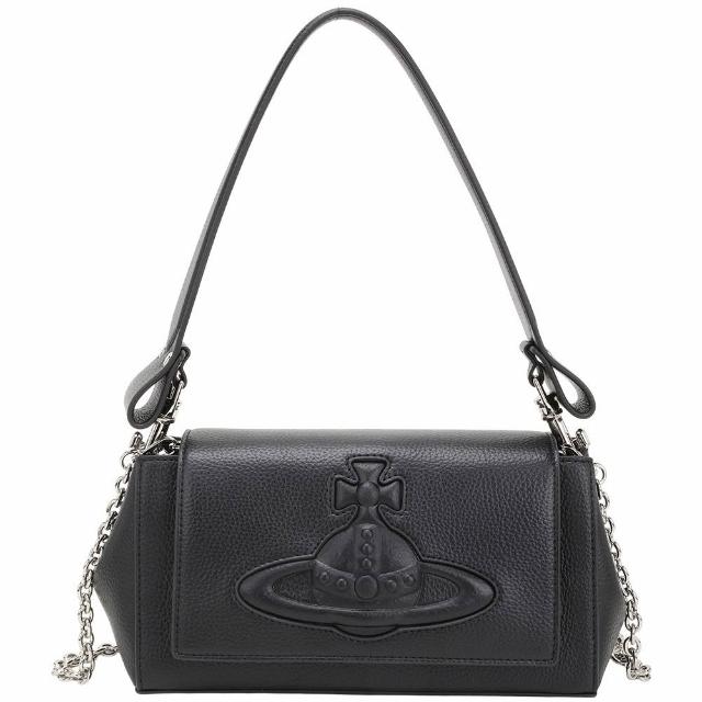 【Vivienne Westwood】Hazel 中款 浮雕星球標誌荔紋皮革手提 肩斜背包(黑色)