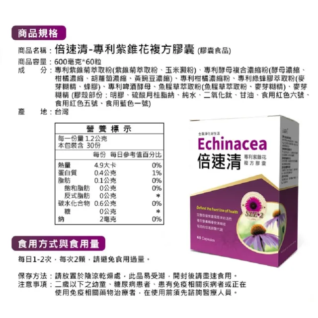 【草本之家】倍速清專利紫錐花膠囊1入組(60粒/入專利酵母.綠蜂膠.柑橘.魚腥草.啤酒酵母.紫錐菊)
