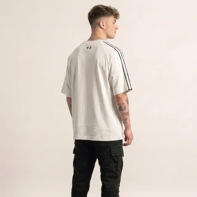 【Y-3 山本耀司】RAW EDGE 三條紋插肩袖短袖T恤(寬鬆/米白)