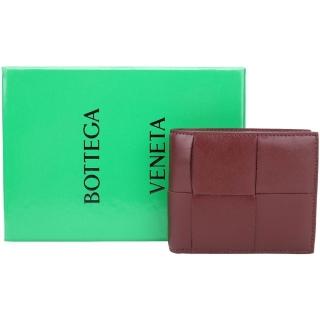 【BOTTEGA VENETA 寶緹嘉】寬編織小牛皮6卡對折短夾(酒紅色)