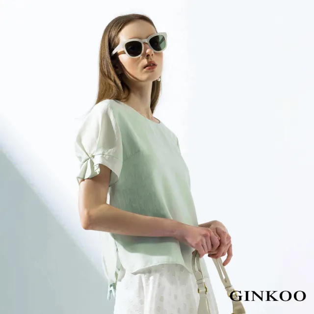 【GINKOO 俊克】後領蝴蝶結袖口荷葉天絲上衣