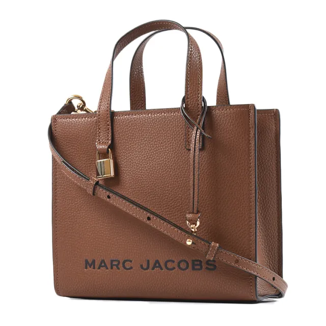 【MARC JACOBS】黑色LOGO荔枝紋手提/斜背二用鎖頭包-焦糖色/小