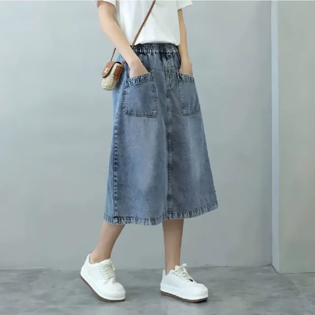 【ASister 小姊姊】AS2588#女裝｜裙子☆鬆緊帶大口袋A字半身牛仔裙(淺藍色 S-3XL)