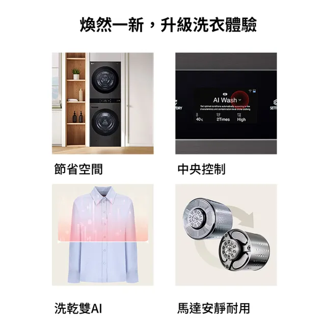 【LG 樂金】家電快配22公斤+20公斤◆ WashTower AI 智控洗乾衣機第二代◆雲霧白(WD-S2220EW)