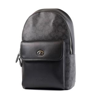 【COACH】男款 緹花LOGO防刮拚小牛皮前旋鈕置物拉鍊單肩背胸包-灰黑