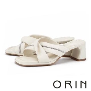 【ORIN】綿羊皮交叉綁帶中跟拖鞋 米白