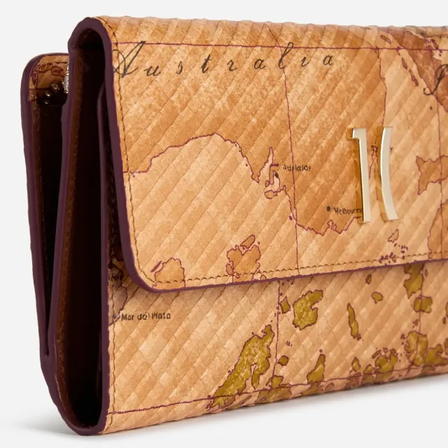 【Alviero Martini】義大利地圖包 波紋小羊皮16卡釦式中長夾17.5cm-地圖黃(皮夾 真皮 中夾