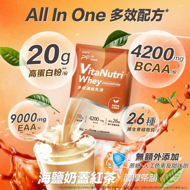 【PF+ 運動營養】多效濃縮乳清蛋白粉30g_海鹽奶蓋紅茶x10包/盒(即沖即飲不易結塊/優蛋白/好吸收好消化)