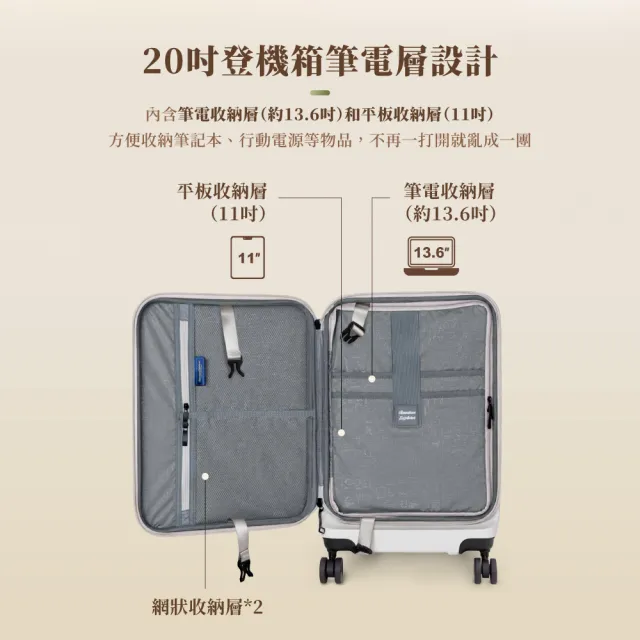 【American Explorer 美國探險家】快倉 20吋 前開式 上掀式 登機箱 可加大 筆電收納層 雙排輪 CF62 行李箱