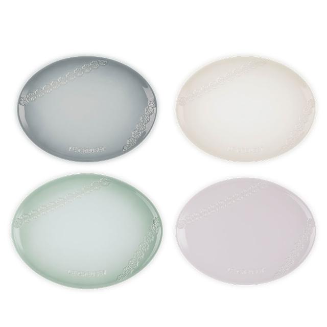 【Le Creuset】蕾絲花恬系列瓷器橢圓盤 27cm(湖水綠/柔粉紫/蛋白霜/海洋之花 4色選1)