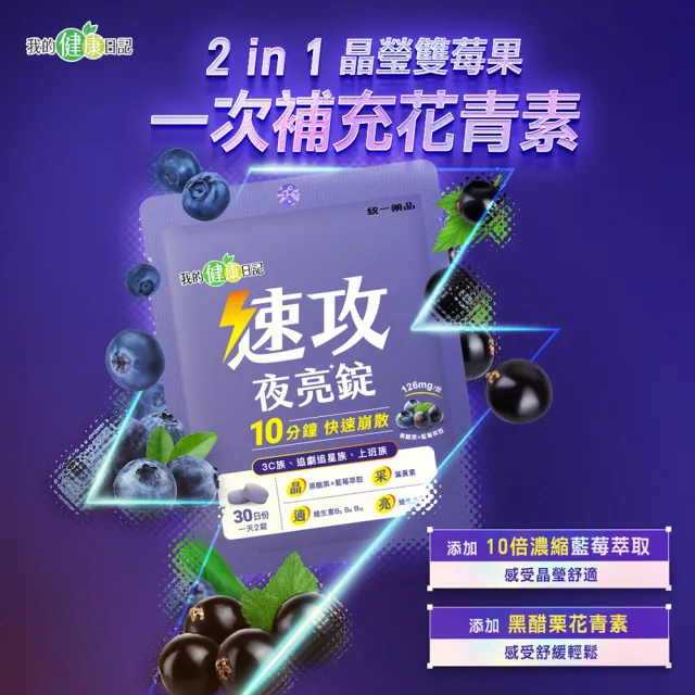 【我的健康日記】速攻夜亮錠(黑醋栗&藍莓配方)30日份(60粒/入/添加維生素A有助於維持在暗處的視覺)
