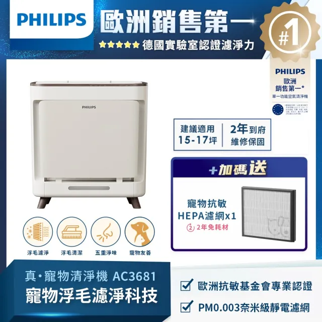 【Philips 飛利浦】毛小奈抗敏寵物清淨機 適用15-17坪(AC3681/81)