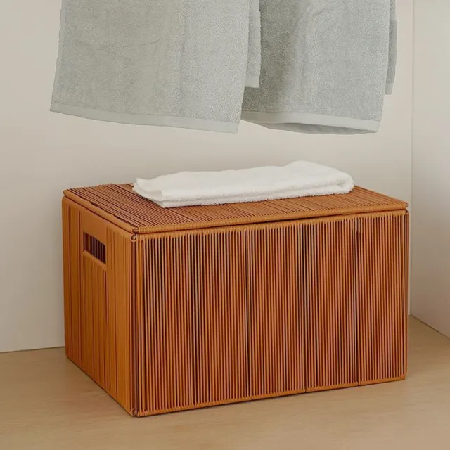 JinJiu津久仿藤編收納箱帶蓋衣物收納筐中號42*30*23cm 大容量髒衣籃儲