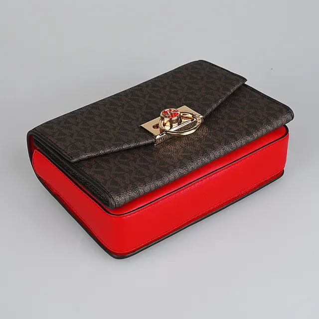 【Michael Kors】MICHAEL KORS 印花PVC帆布Hendrix系列斜背包(超小號/深褐x紅)