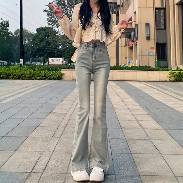 【D.studio】韓版美式直筒高腰淺色微喇叭牛仔褲 喇叭褲 寬褲 褲子 長褲  牛仔長褲 夏季女裝 拖地褲 P430
