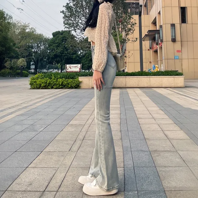 【D.studio】韓版美式直筒高腰淺色微喇叭牛仔褲 喇叭褲 寬褲 褲子 長褲  牛仔長褲 夏季女裝 拖地褲 P430