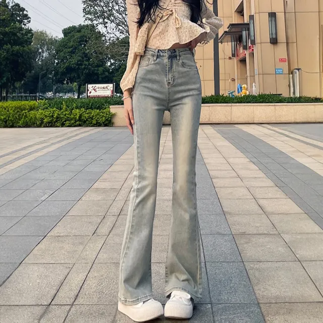 【D.studio】韓版美式直筒高腰淺色微喇叭牛仔褲 喇叭褲 寬褲 褲子 長褲  牛仔長褲 夏季女裝 拖地褲 P430