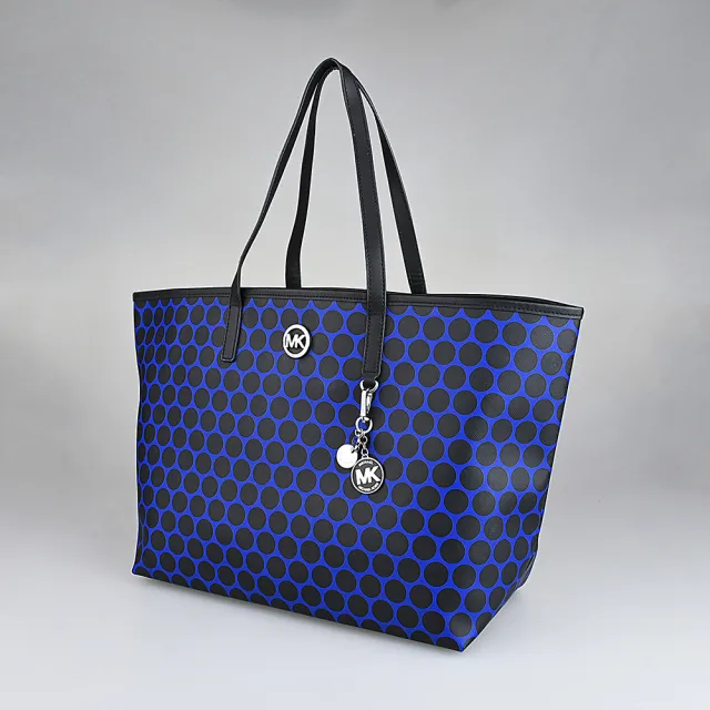 【Michael Kors】MICHAEL KORS 波點PVC內搭尼龍肩背托特包(黑x藍寶石藍)