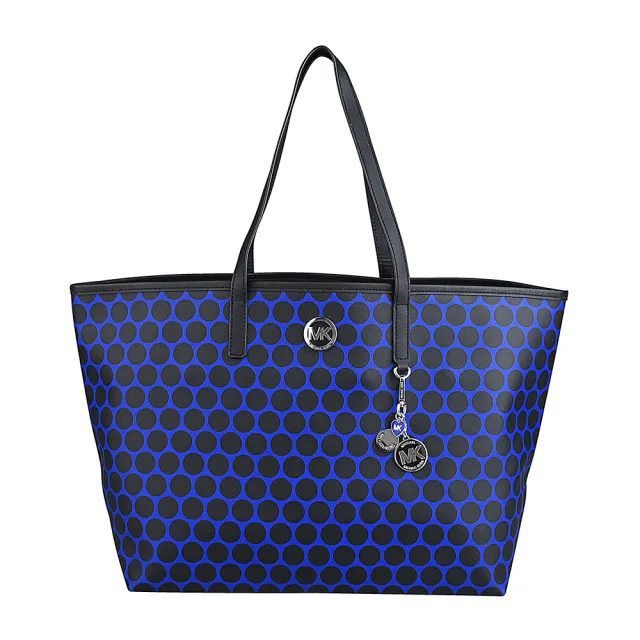 【Michael Kors】MICHAEL KORS 波點PVC內搭尼龍肩背托特包(黑x藍寶石藍)