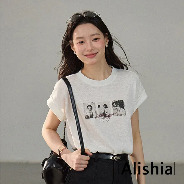 【Alishia】簡約休閒透氣輕薄涼感折袖印花上衣 短袖 T恤 F(白色 / 灰色)