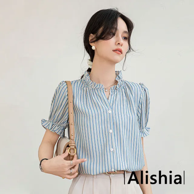 【Alishia】法式簡約質感泡泡袖荷葉領短袖上衣 襯衫 S-XL(藍條紋)