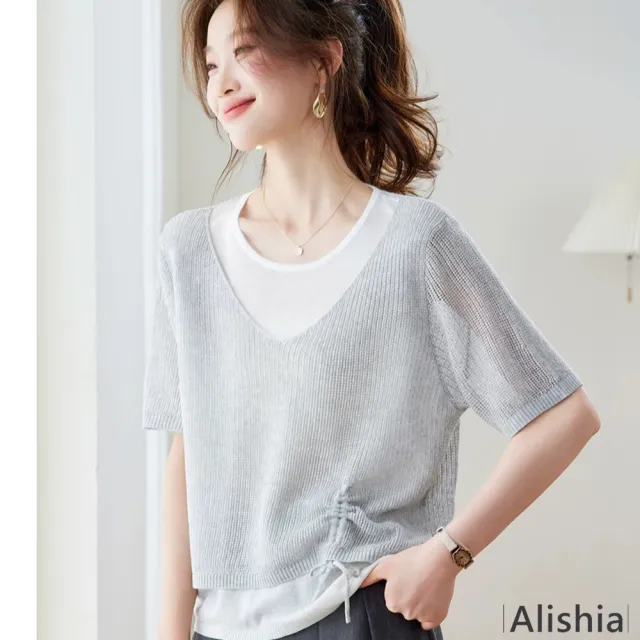 【Alishia】日系質感純色抽繩假兩件薄針織上衣 T恤 F(米色 / 藍色 / 灰色)