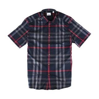 【BURBERRY 巴寶莉】BURBERRY 標籤LOGO經典英倫格紋純棉短袖襯衫(男款/深藍)