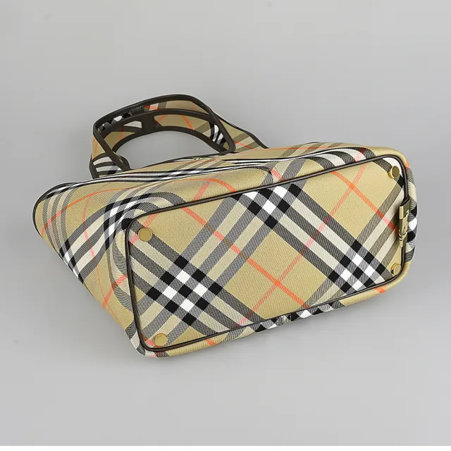 【BURBERRY 巴寶莉】BURBERRY 棉織布格紋馬術騎士鍍金LOGO手提/肩背子母購物包(沙米)