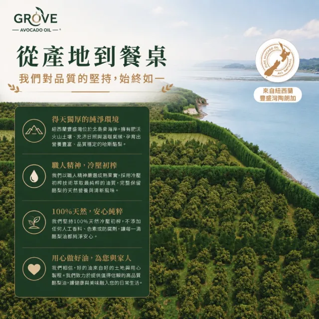 【GROVE 克羅福】紐西蘭第一品牌Avocado Oil頂級冷壓初榨酪梨油 500ml 高發煙點 生飲等級雙11