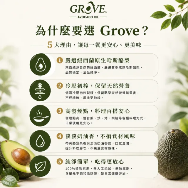 【GROVE 克羅福】紐西蘭第一品牌Avocado Oil頂級冷壓初榨酪梨油 500ml 高發煙點 生飲等級雙11