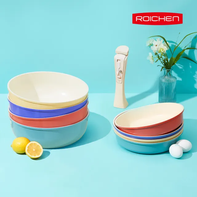 【Roichen】韓國製 24cm深炒鍋+24cm平底鍋+可拆把手(IH爐 全火源適用 露營 輕量鍋陶瓷塗層不沾鍋)