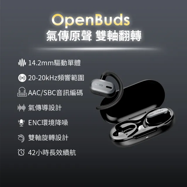 【TOZO】OpenBuds降噪開放式AI輔助氣傳導無線藍芽耳機(chatGPT/智慧錄音/ENC通話降噪/耳掛式)