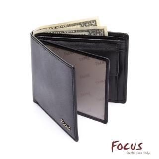 【FOCUS】真皮包包 時尚黑雙透明窗加大附零錢袋男短夾FGB2827(義大利植鞣革/頭層牛皮/男皮