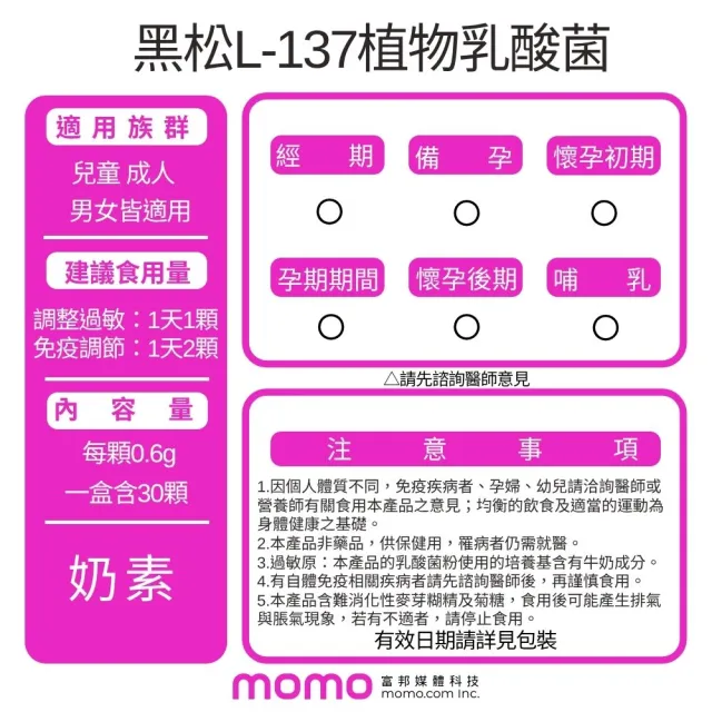 【黑松生技】日本專利 百位媽咪好評推薦｜L-137植物乳酸菌膠囊 30入x1盒(共30入)(小綠人雙核准)