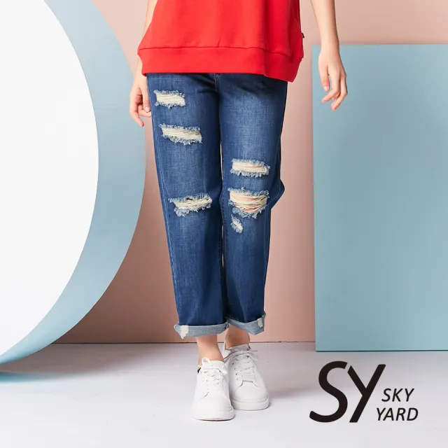 【SKY YARD】網路限定款-抽鬚抓破長直筒寬褲-牛仔藍