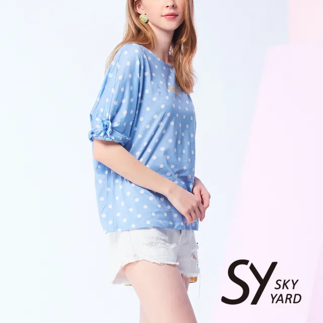 【SKY YARD】網路限定款-抓褶澎袖滿版點點印圖造型上衣-藍色