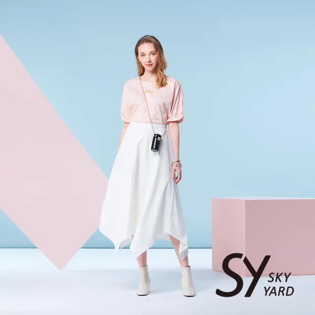 【SKY YARD】網路限定款-抓褶澎袖滿版點點印圖造型上衣-粉橘色